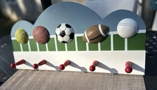 Kids Sports Theme Wall Hanging 5-Hook Coat Rack Football Baseball Soccer Tennis