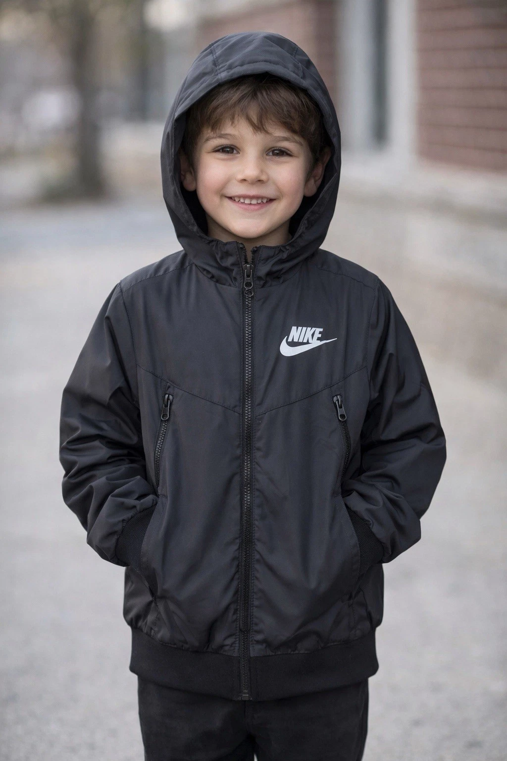 Nike Windrunner Boys Black Hooded Windbreaker Jacket S Full Zip Polyester