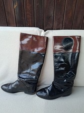 1980s Vtg Black Brown Patent Leather Italian Made Tall Riding Boots Reitstiefel