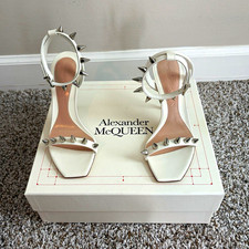 Alexander McQueen White Leather Studded Ankle Strap Stiletto Heels EU 37