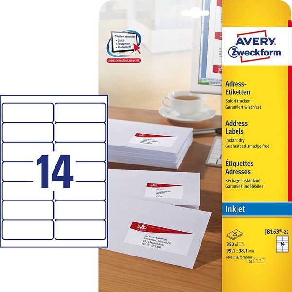 Avery Zweckform Inkjet Adress Etiketten 99,1 X 38,1 Mm Weiß 350 Etiketten-image