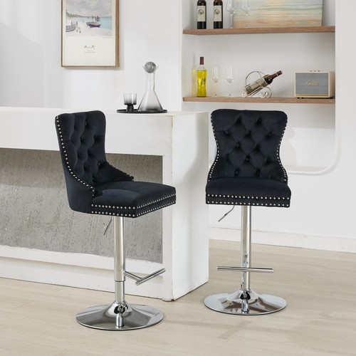 Set/2 Luxury Swivel Kitchen Barstools 25-33"Adjustable Thick Chrome Velvet Black - Picture 22 of 22
