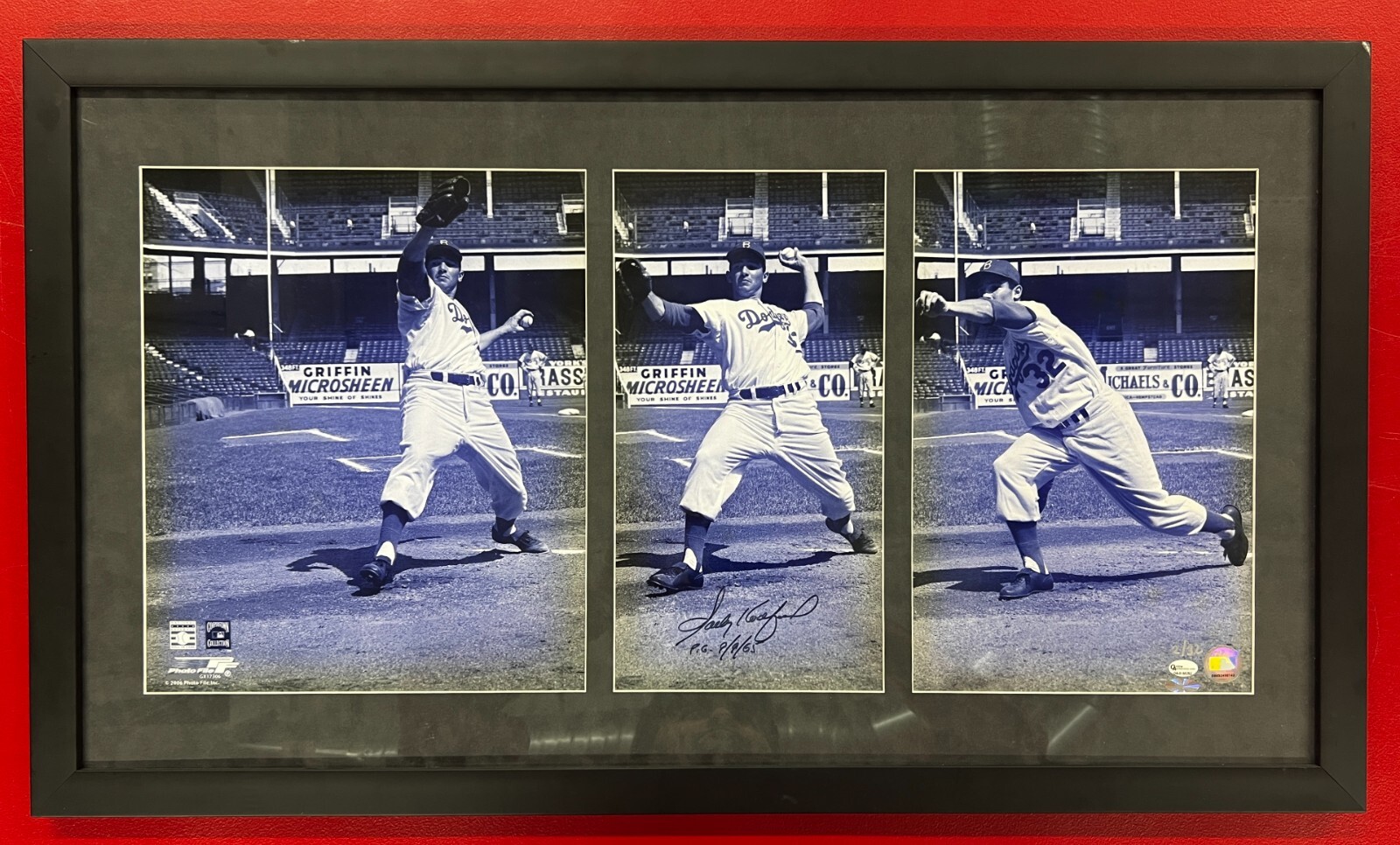 Sandy Koufax Autographed Signed 3 Photo Frame 20x34 w/ Perfect Game Inscription JSA LOA 