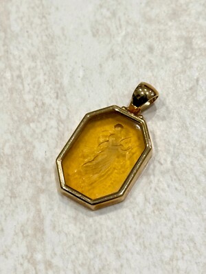 Vintage 14K Gelbgold Anhänger Buntglas Engel geschnitzt venezianische Göttin Topas