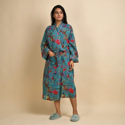 1Pc Indian Handmade Cotton Printed Kimono Bath Robes Night Maxi Gown Kimono Robe