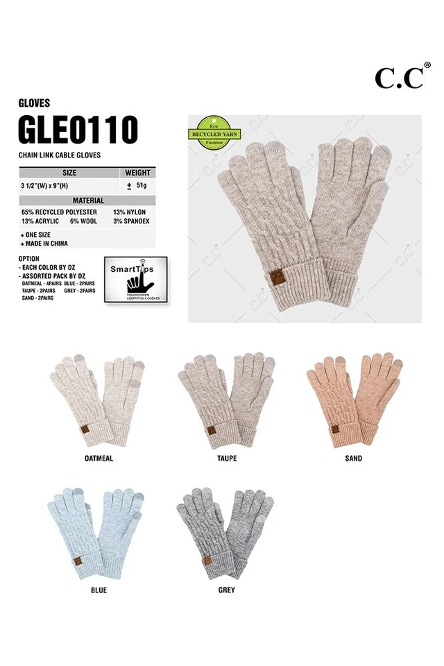 Guantes de invierno C.C Exclusivos para mujer de invierno de color liso con eslabones de cadena tejidos con cable Foto 3 de 3