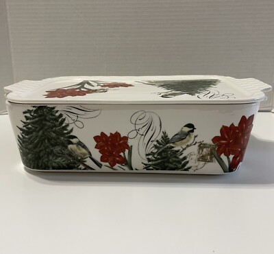 Grace s Pantry 3-1 Christmas Tree Amaryllis & Chickadee Casserole Dish With Lid