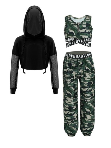 Girls 3 Piece Outfits Crop Tank Top Sweatpants Long Sleeve Hoodie Dance Workout - Picture 28 of 48
