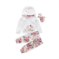 3 Piece Infant Toddler Baby Girl Floral Print Hoodie Set