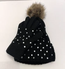 Women's Knit Cuffed Bling Beanie Hat & Gloves Set Rhinestones Faux Fur Pom Black