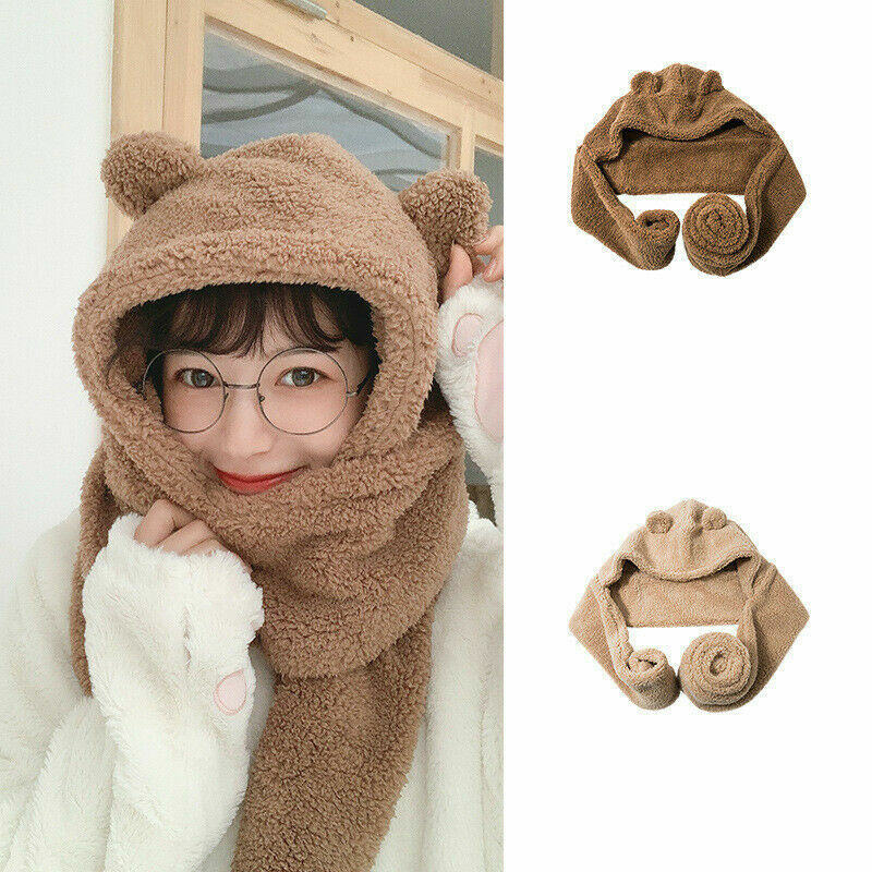 Women Furry Bear Ears Scarf Cap Hat Fluffy Shawl Warm Winter
