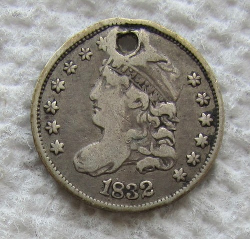 1832 Capped Bust Silver Half Dime Rare Key Date Fine Detail Holed Cleaned - Picture 1 of 3