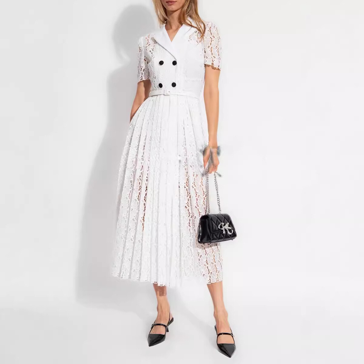 Self-Portrait Womens Lace Embroidered Retro Pleated Midi Dress