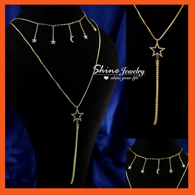 9K GOLD GF STAR MOON DROP SIMULANT DIAMOND Y LARIAT DOUBLE CHAIN choker NECKLACE
