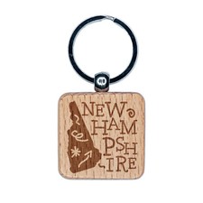 New Hampshire State with Text Swirls Engraved Wood Square Keychain Tag Charm