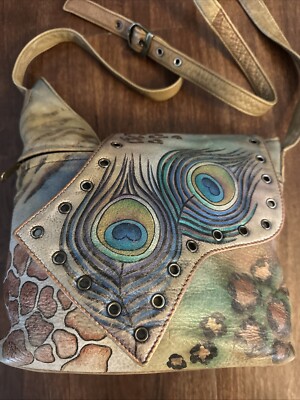 Anuschka Hand Painted Leather Premium Peacock Safari Flap Crossbody bag
