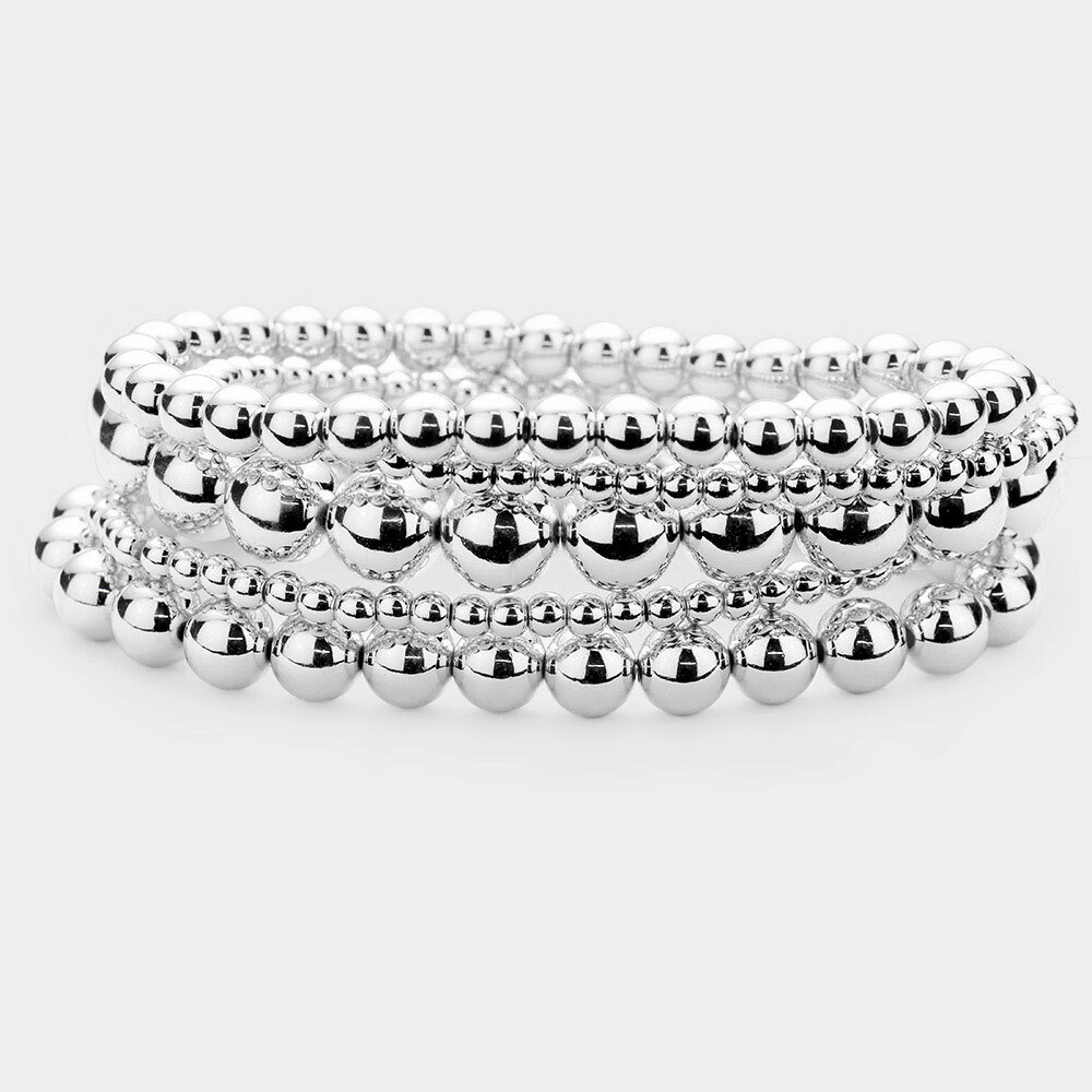 Layered Bracelets 5 piece set Ball Bead Beaded Metal SILVER 0990