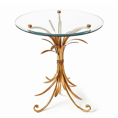  WHEAT ROUND GLASS TOP ACCENT/SIDE TABLE - ANTIQUE GOLD IRON-22'' X 24''H