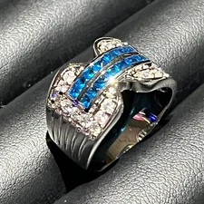 NWT Blue and Clear Crystals Zirconia Silver Band Cocktail Ring 7, 8