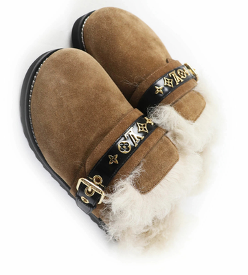 LOUIS VUITTON Winter Brake Line Suede Mouton Clog Mules Sandals