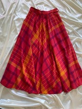 Vintage 1980s Red Pink Purple Plaid Midi Skirt Preppy Academia 24" Waist