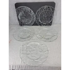 5 Vintage Glass Embossed Grape Cluster Clear Dinner Plates KIG Indonesia 10 3/8”