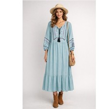 SHEIN CURVE Maxi Dress Boho Embroidered Tiered Blue Long Sleeve 3XL