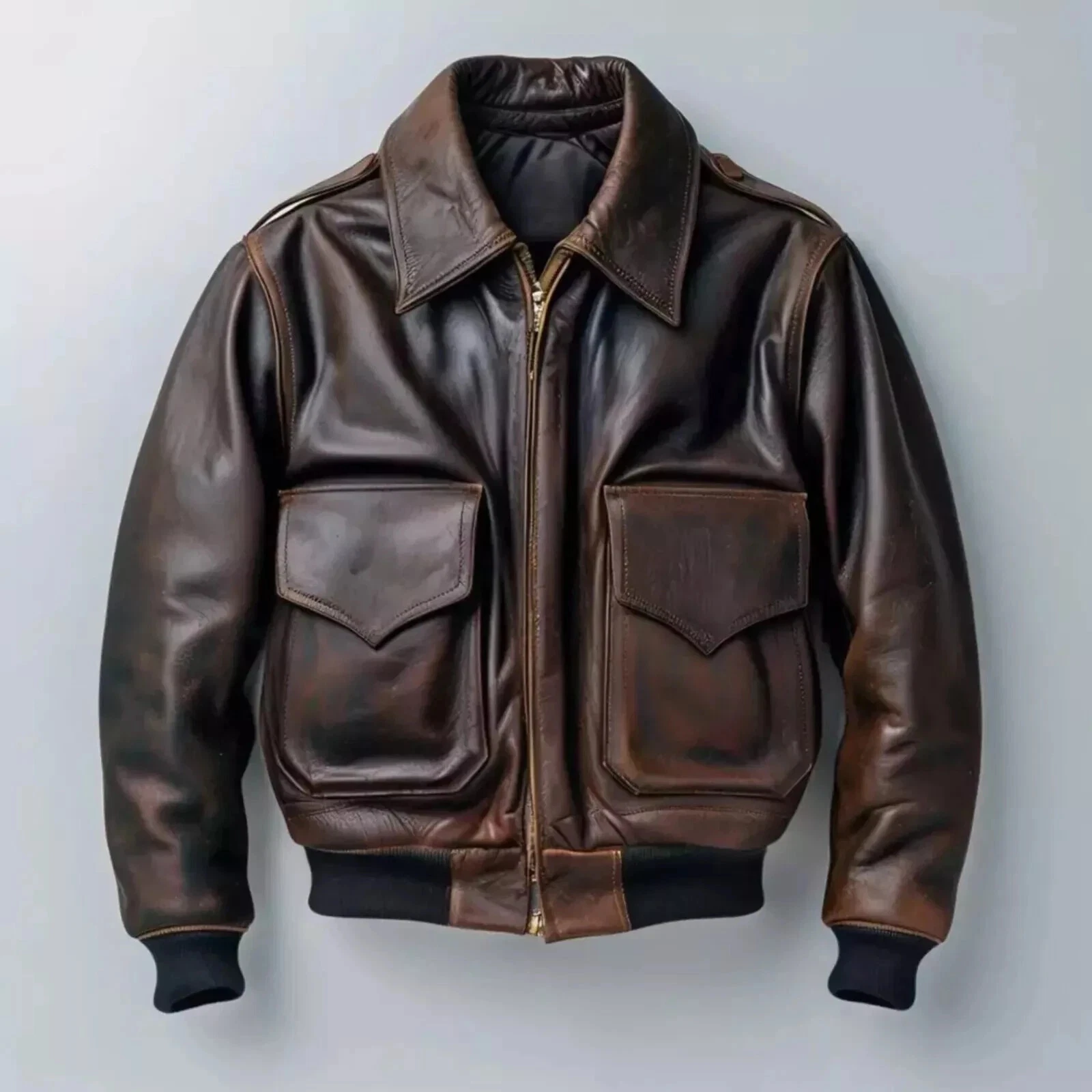 Men's Air Force Pilot Leather Bomber Jacket Brown Cowhide Aviator A-2 Coat