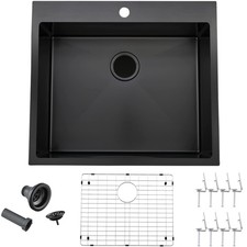 25 x 22 Inch Black Kitchen Sink, Topmount Drop In Stainless Steel Single Bowl...