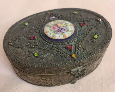 Antique E & J B Empire Art Gold Jeweled Vanity Ornate brass Vanity box