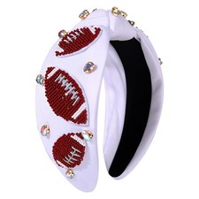 Football Headband for Women White Beaded Jeweled Rhinestone Top Knot Hairband