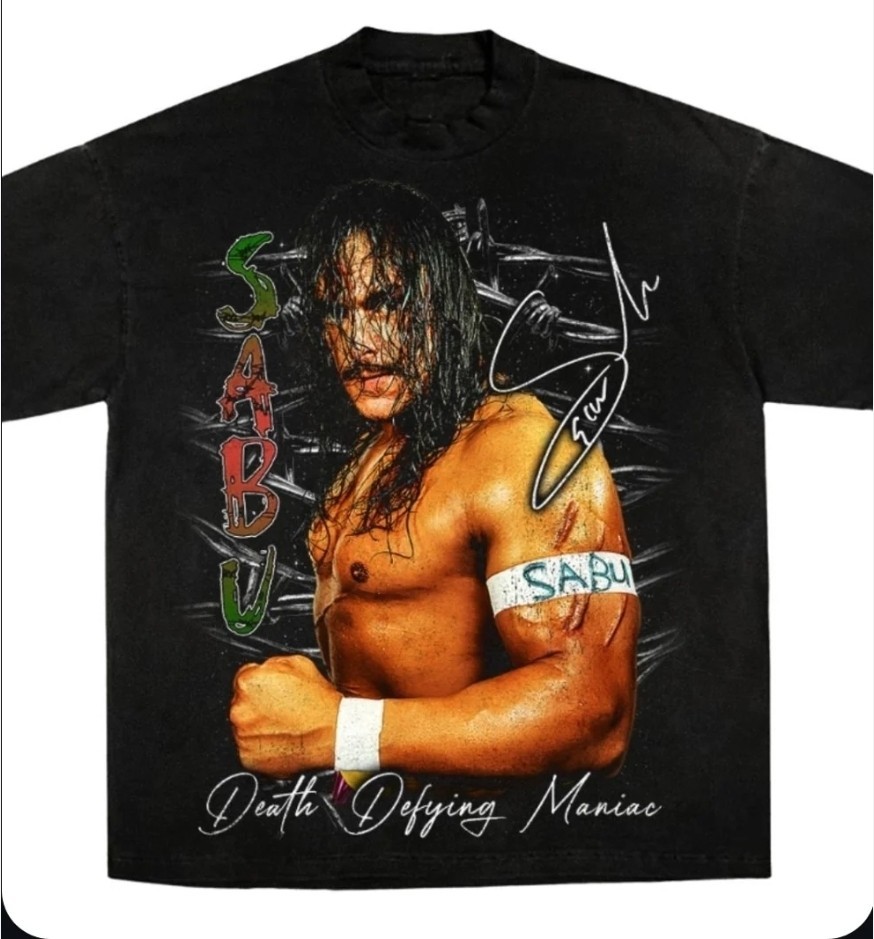 Autographing Chest SABU DEATH DEFYING ON A SHAKA HEAVYWEIGHT GARMET DYED T SHIRT