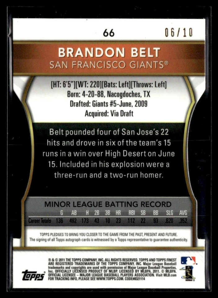 Cinturón Brandon 2011 Finest Die Cut Mosaic Rookie Auto 06/10 Giants #66 Foto 2 de 2