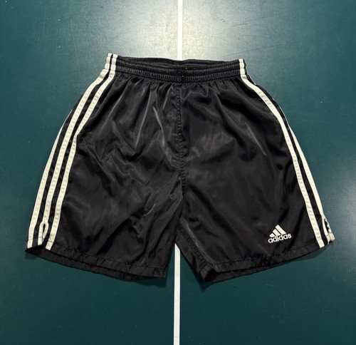 Vintage Adidas Nylon Shorts Black Shiny Satin Glanz Soccer Youth Medium Stiped