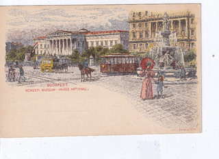 JD018/ Ungarn Ganzsache Bildpostkarte mit Straßenbahn Postkutsche Frau Kind