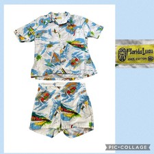 Vintage Florida Luau Cotton Cabana Shirt Shorts Swim Set 60s 70s L-XL