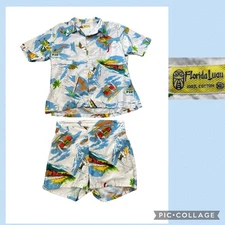 Vintage Florida Luau Cotton Cabana Shirt & Shorts Swim Set 60s 70s L-XL
