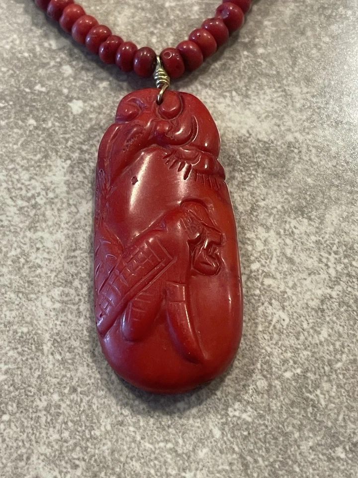 古董红色珊瑚吊坠和珠项链 17 英寸 — 第 3/4 张图片