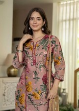 Women Indian Kurta; Mauve/Blue Floral Printed Lace work Cotton Straight Kurta