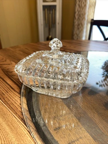 Vintage Anchor Hocking Square Clear Cut Glass Candy Dish w/ Ruffled Edges & Lid