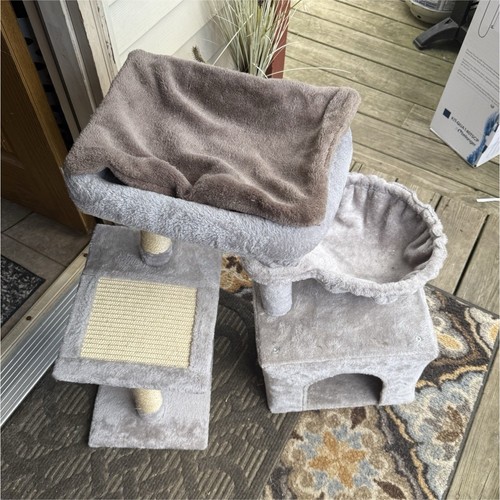 Gray Faux Fur Cat Tree Condo Tower w/ Sisal Posts, Hammock, Perch & Toy