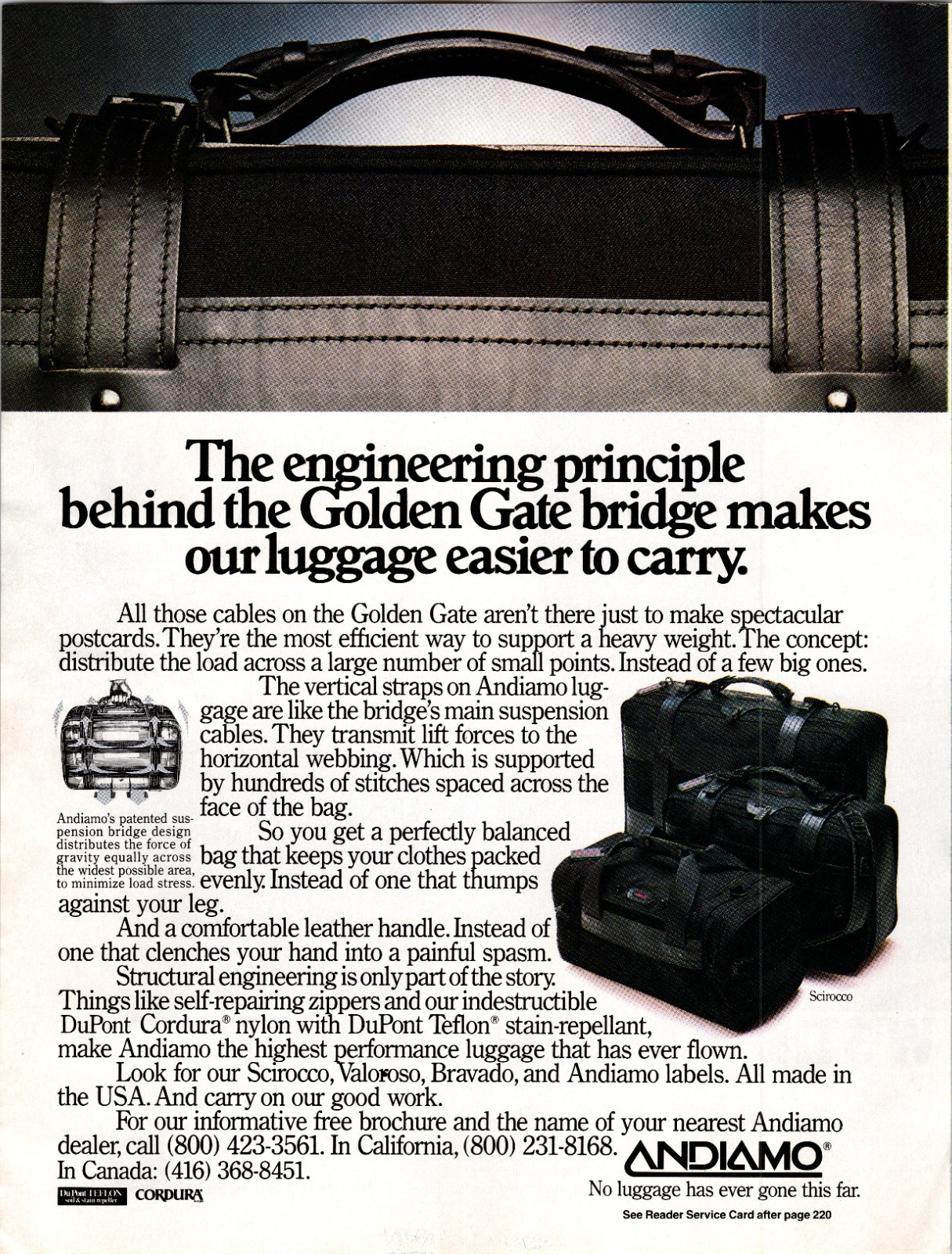 Andiamo Cordura and Teflon luggage No luggage has ever gone this far print ad