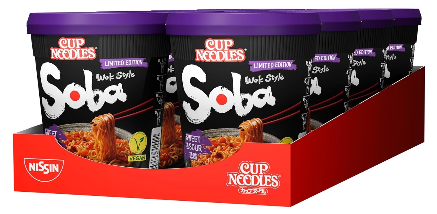 Nissin Cup Noodles Soba Sweet & Sour, 8er Pack, Wok Style Instant-Nudeln (8x88g)