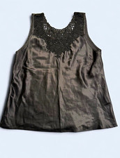 Cinema Etoile Vintage Women's Black Solid Satin Lace Trim Camisole Tank Top L