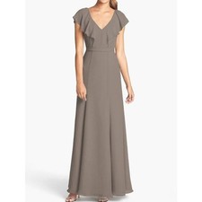 Jenny Yoo Collection Dress Cecilia Taupe Dove Ruffle Flutter Sleeve Gown Size 8