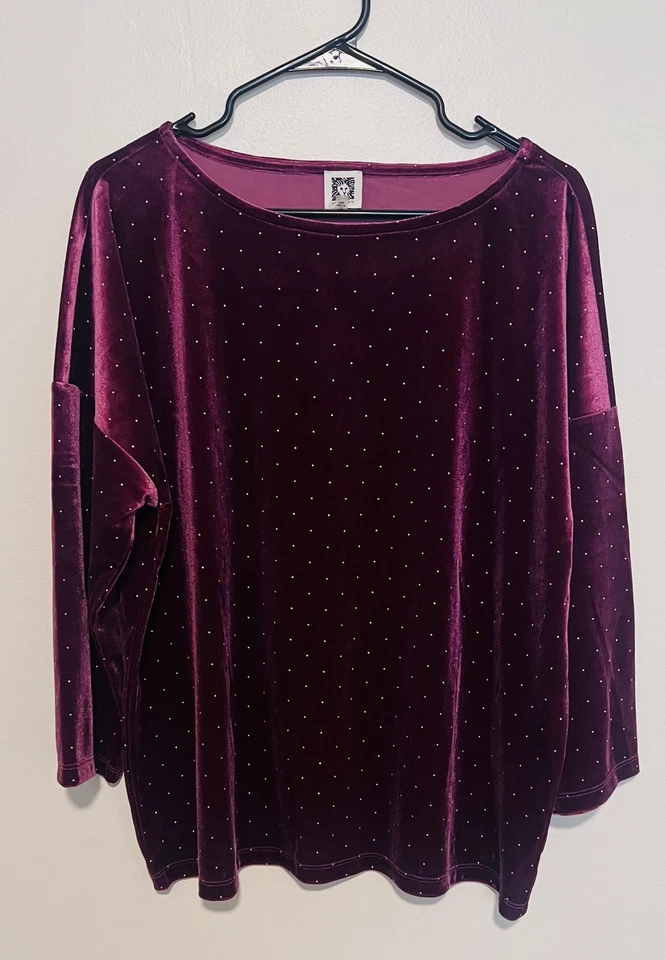 Anne Klein 丝绒金色铆钉束腰上衣女式 1X 码勃艮第派对盛装 — 第 3/4 张图片