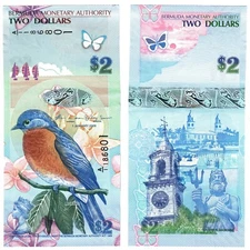 2009 Bermuda 2 Dollars P57b Bluebird Hybrid Banknote UNC A1 Cossar - R Simmons