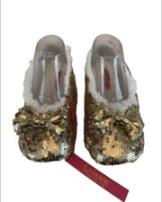 Catherine Malandrino Slippers Womens 5 6 Gold Sequin Plush Glam Cozy Chic Lounge