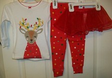 Carter's Reindeer Tutu Christmas 3 Piece Long Pajama PJ Girls Size 18 Months NWT