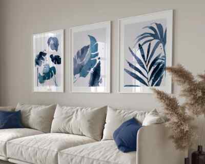Set Of 3 Blue Leaves Botanical Watercolor Abstract Design Wall Art Home ...